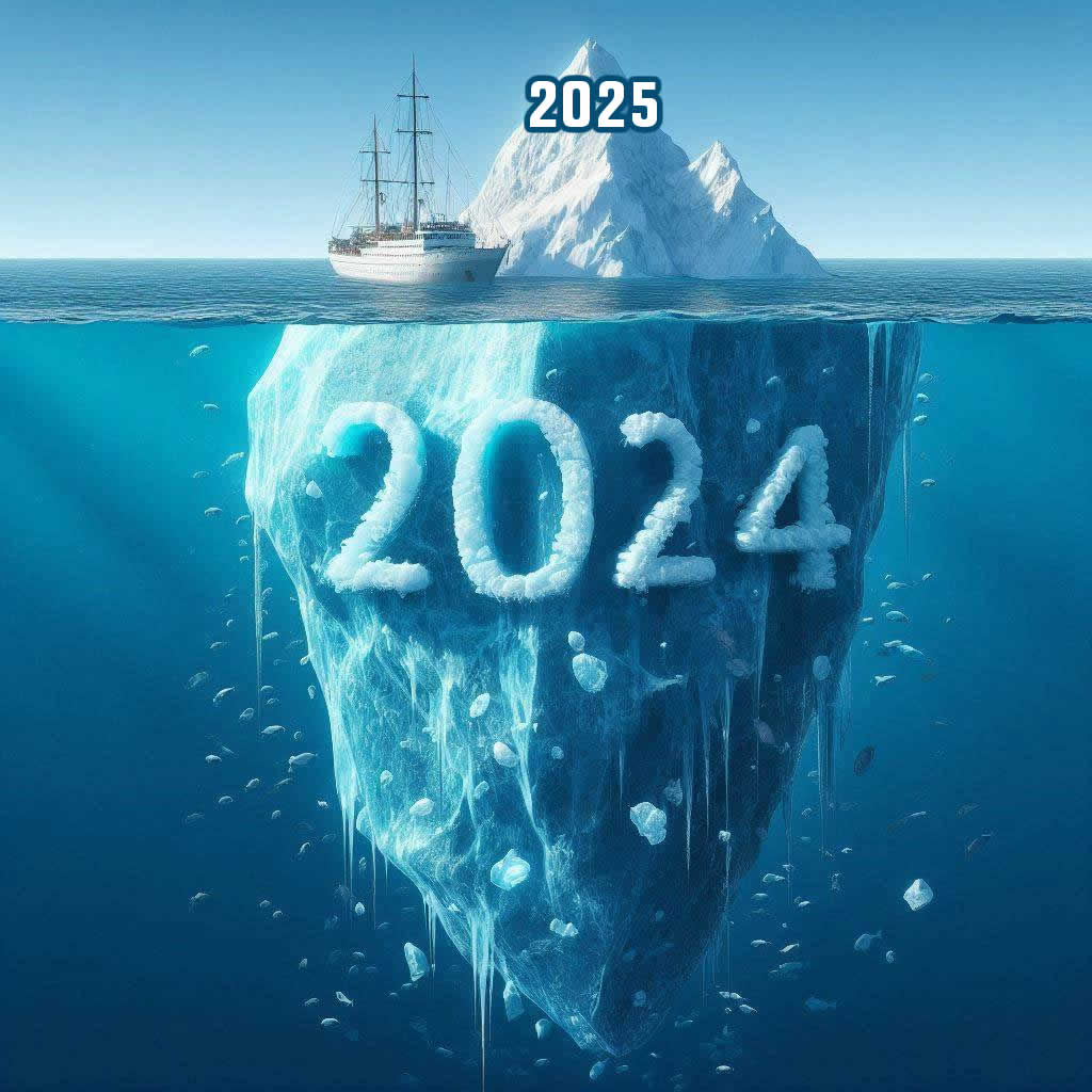 Photo d'un iceberg avec toutes les années passées et le nouveau 2025